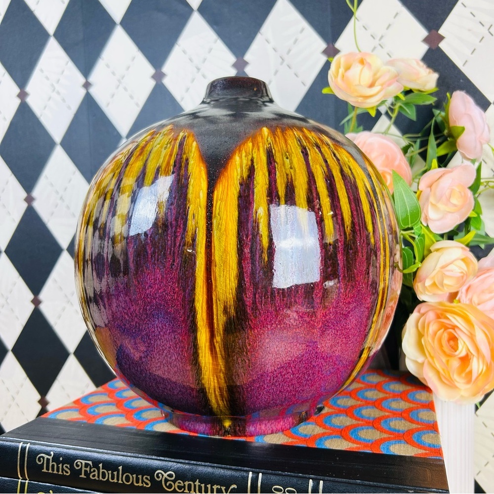 Large Scale Art Glaze Vase Sculptural Modernist Form w/ Dramatic Drip Vibrant